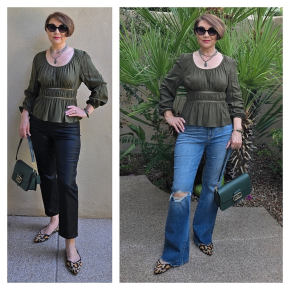 EUC Old Navy Olive Green Peasant Peplum Blouse With Lattice Trim - Picture 1 of 6